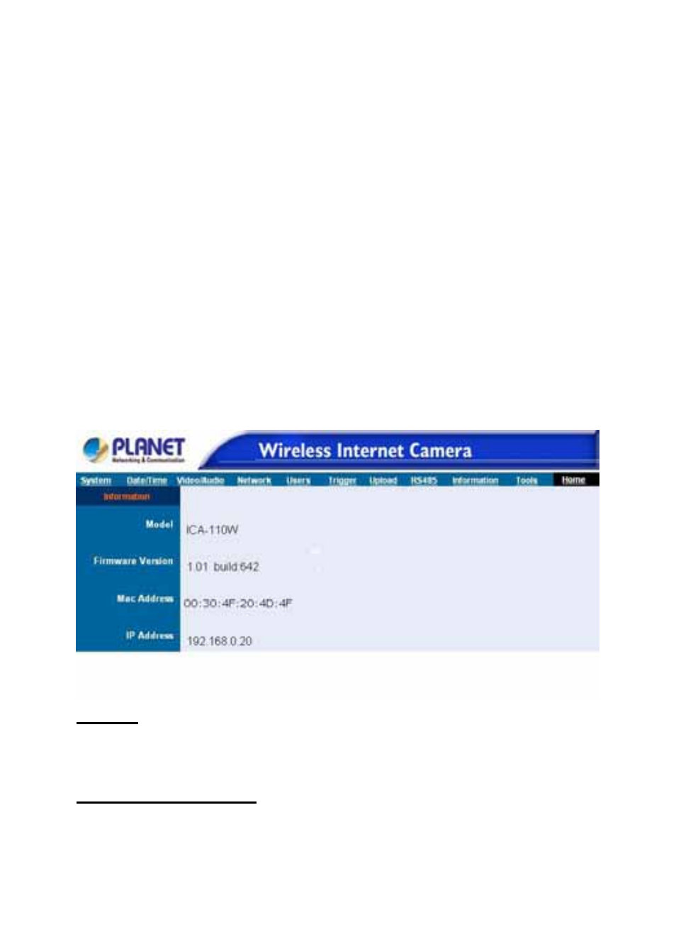 Information, Model, Firmware version | Planet Technology Internet Camera ICA-110W User Manual | Page 45 / 108