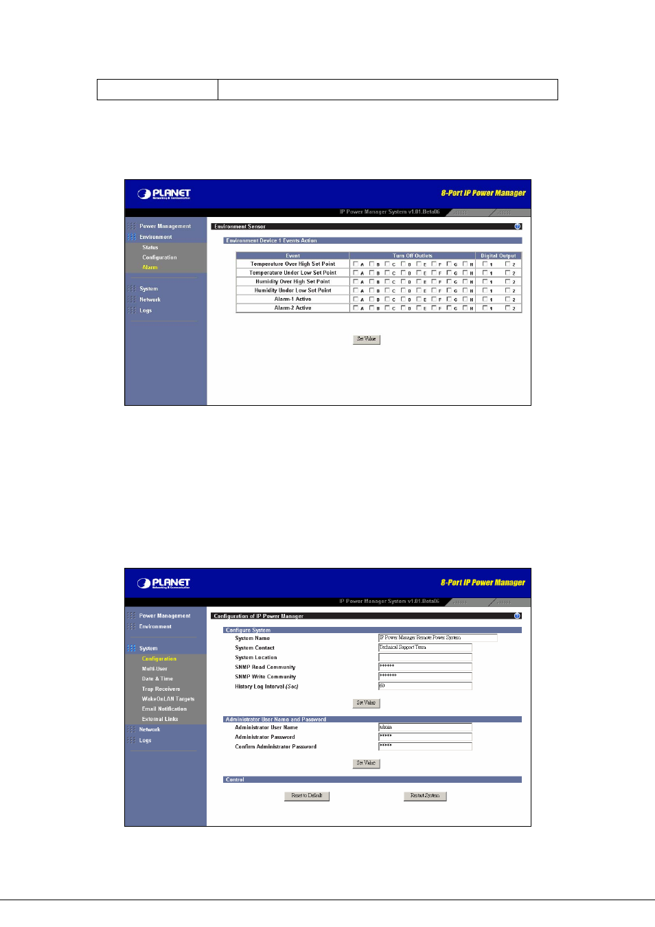 3 alarm, 3 system, 1 configuration | Alarm, Ystem, Configuration | Planet Technology 8-Port IP Power Manager IPM-8002 User Manual | Page 37 / 57