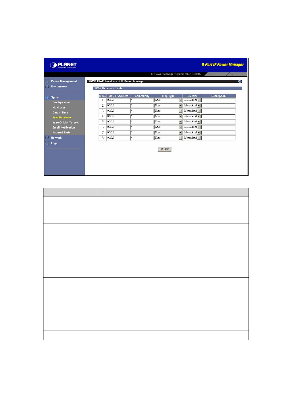 4 trap receivers, Trap receivers | Planet Technology 8-Port IP Power Manager IPM-8002 User Manual | Page 41 / 57