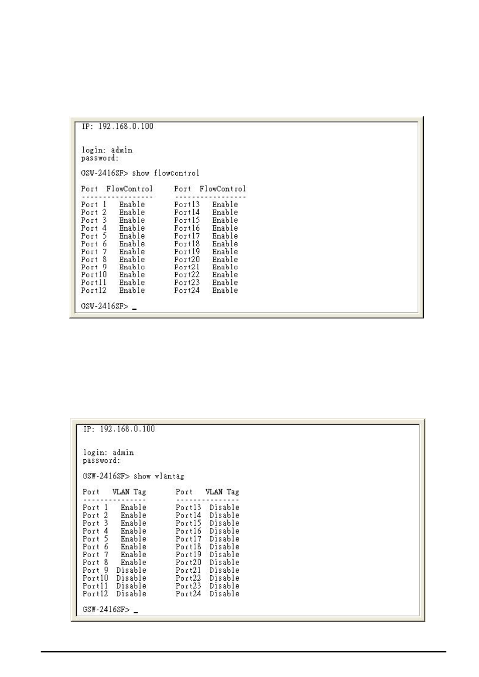 6 show flowcontrol, 7 show vlantag | Planet Technology GSW-2416SF User Manual | Page 19 / 54