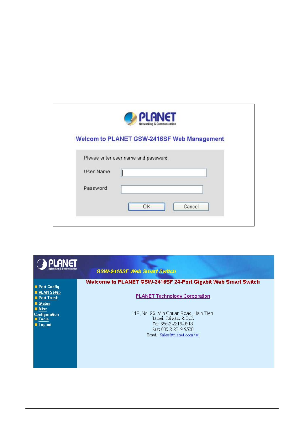Web management, 1 login in to the switch, Ogin in to the | Witch | Planet Technology GSW-2416SF User Manual | Page 35 / 54