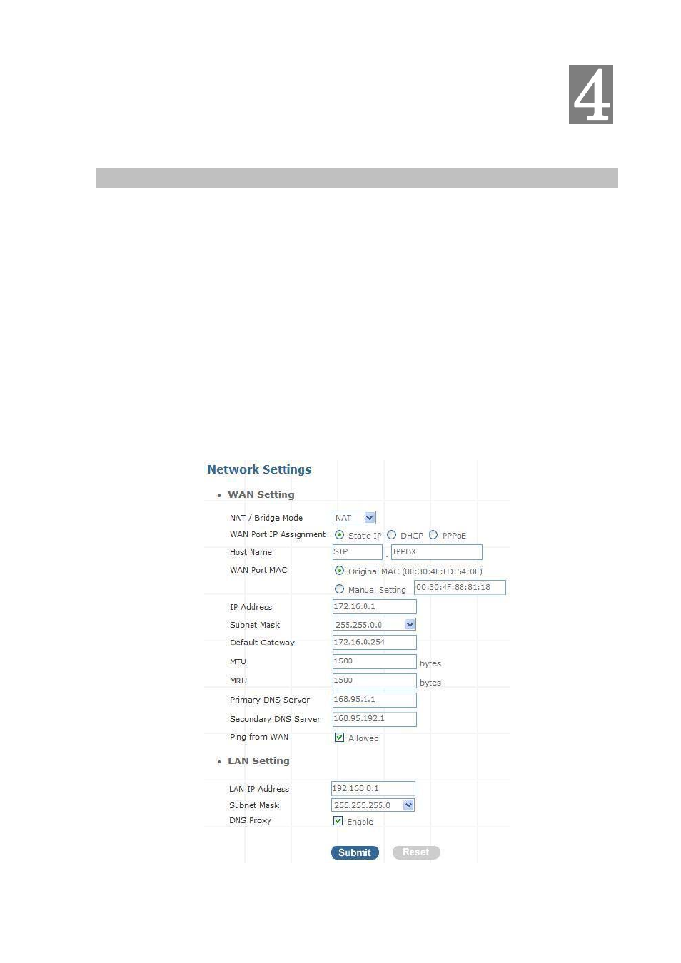 Chapter 4 network setup, Wan & lan setup | Planet Technology Internet Telephony PBX System IPX-300 Series User Manual | Page 27 / 68