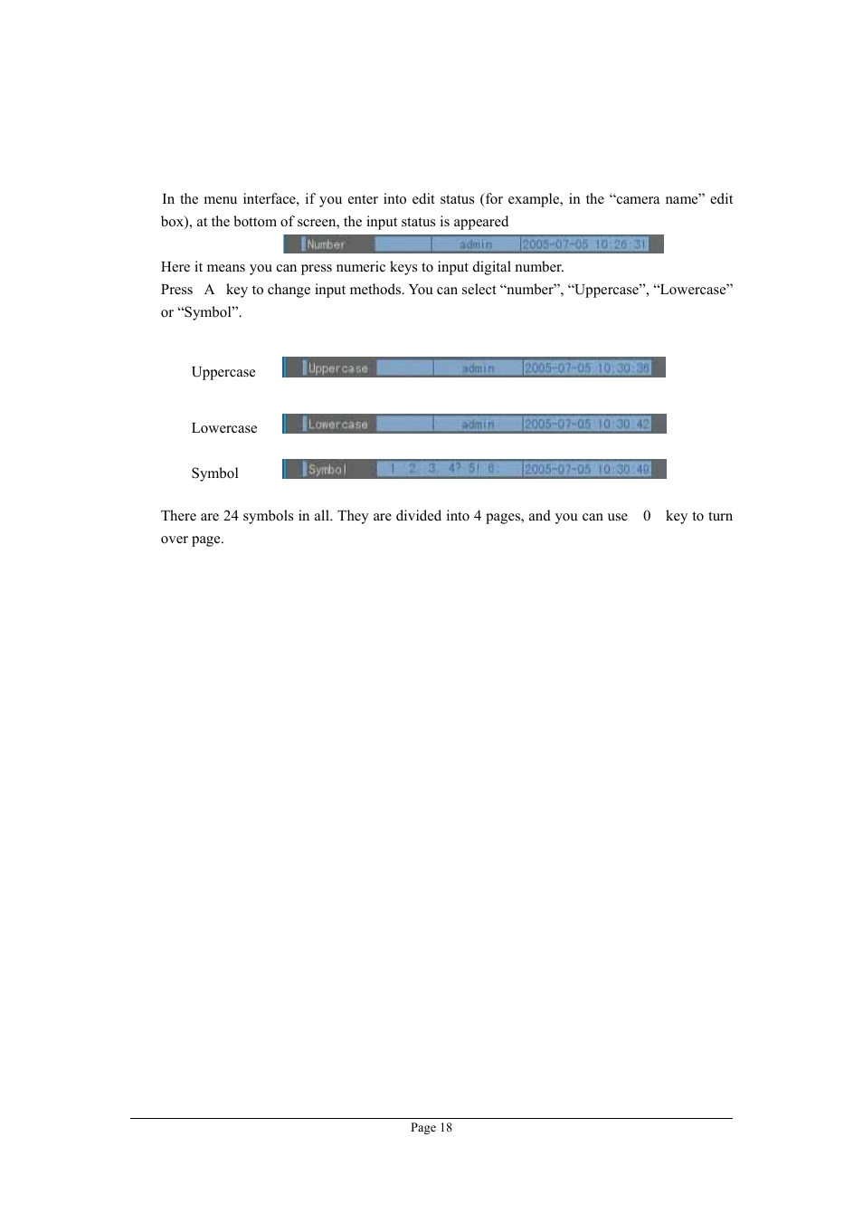 4 character input, Character input | Planet Technology DVR-1670 User Manual | Page 18 / 99