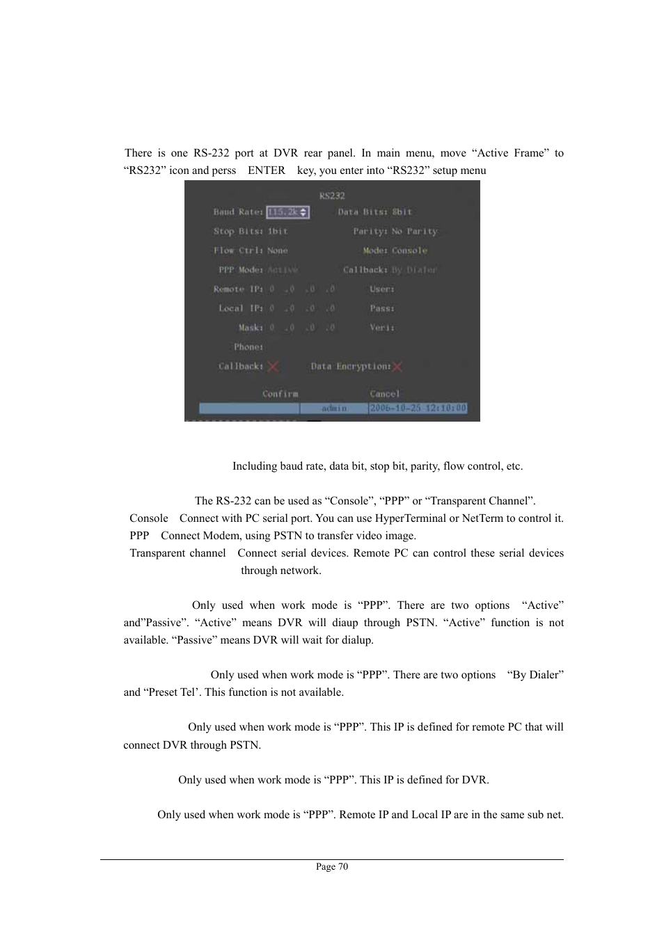 16 rs232 setup, Rs232 menu description, Rs232 setup | Planet Technology DVR-1670 User Manual | Page 70 / 99