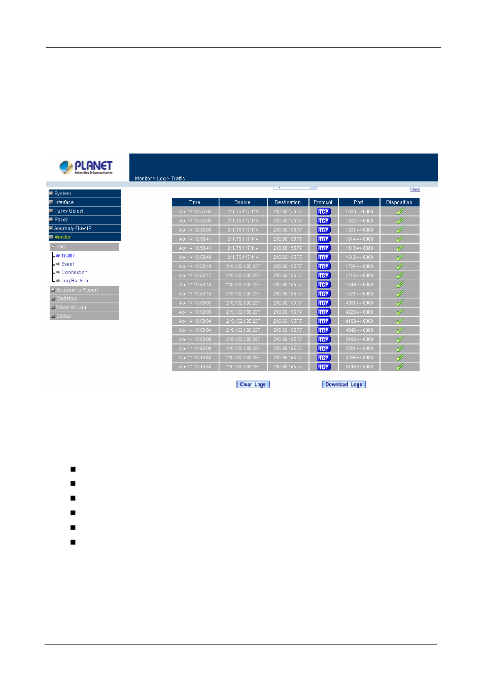 1 traffic log | Planet Technology MH-2001 User Manual | Page 268 / 297