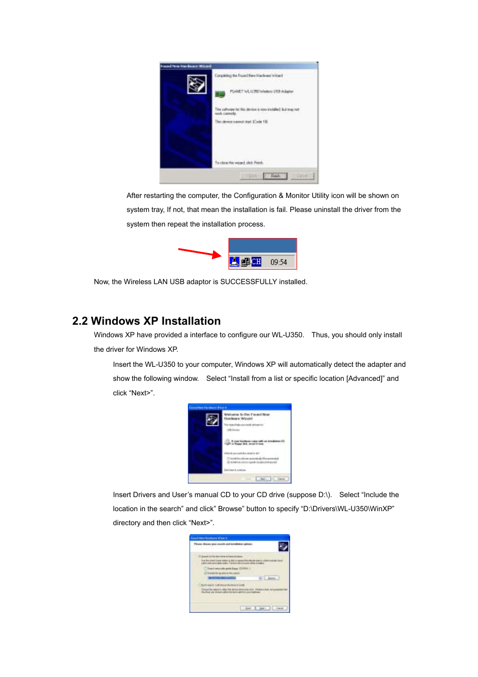 2 windows xp installation | Planet Technology Wireless USB Adapter WL-U350 User Manual | Page 13 / 20