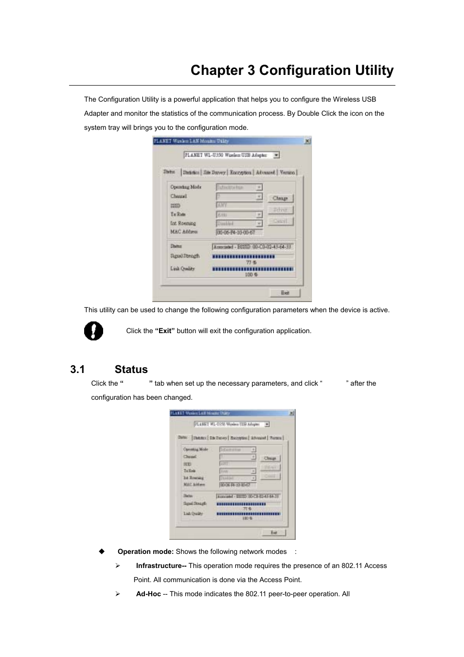 Chapter 3 configuration utility, 1 "status | Planet Technology Wireless USB Adapter WL-U350 User Manual | Page 15 / 20