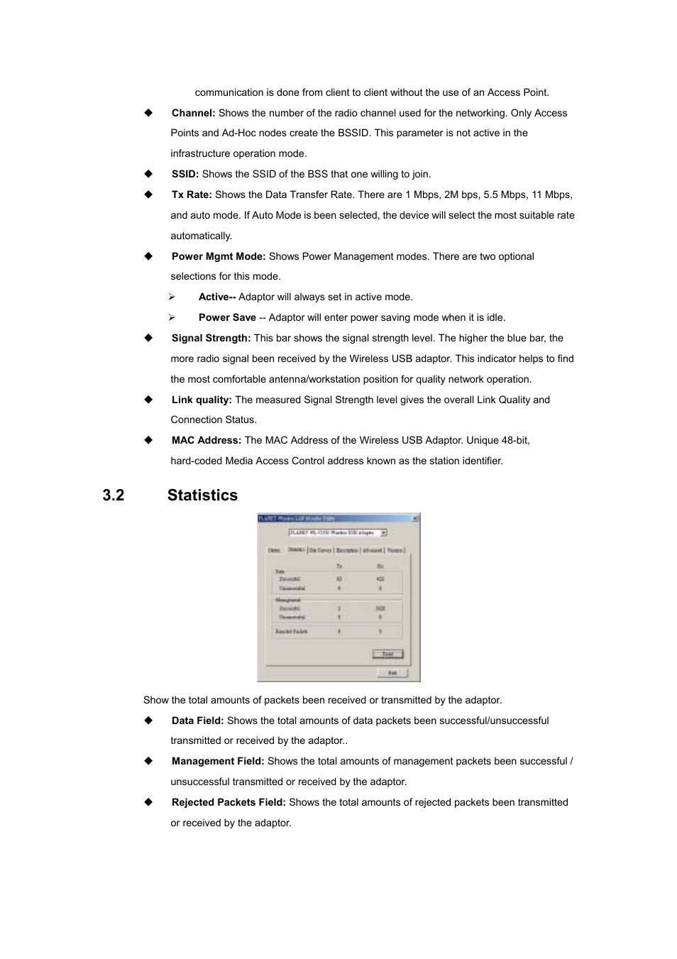 2 "statistics | Planet Technology Wireless USB Adapter WL-U350 User Manual | Page 16 / 20