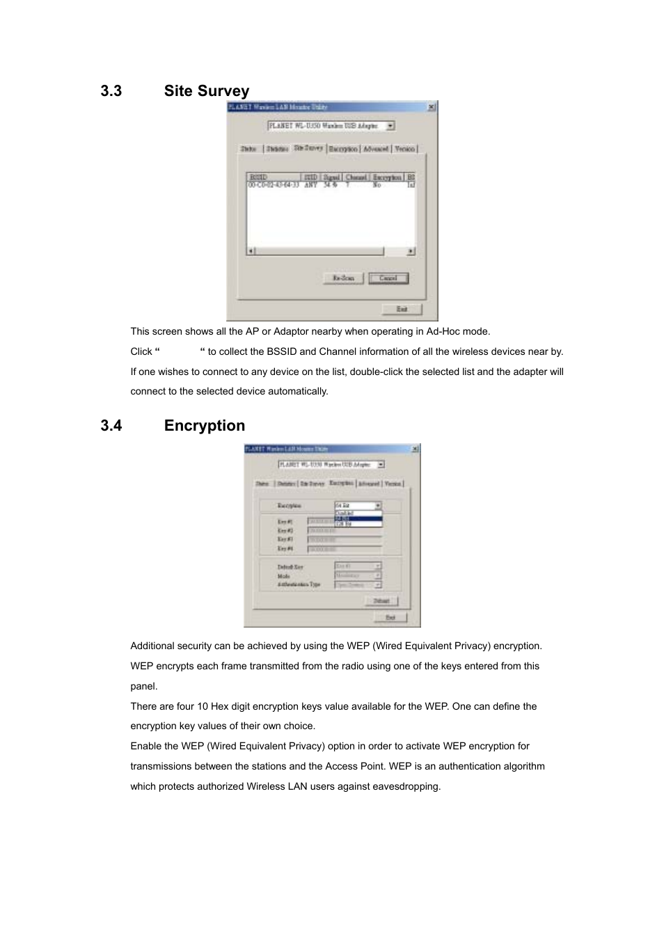 3 "site survey, 4 "encryption | Planet Technology Wireless USB Adapter WL-U350 User Manual | Page 17 / 20