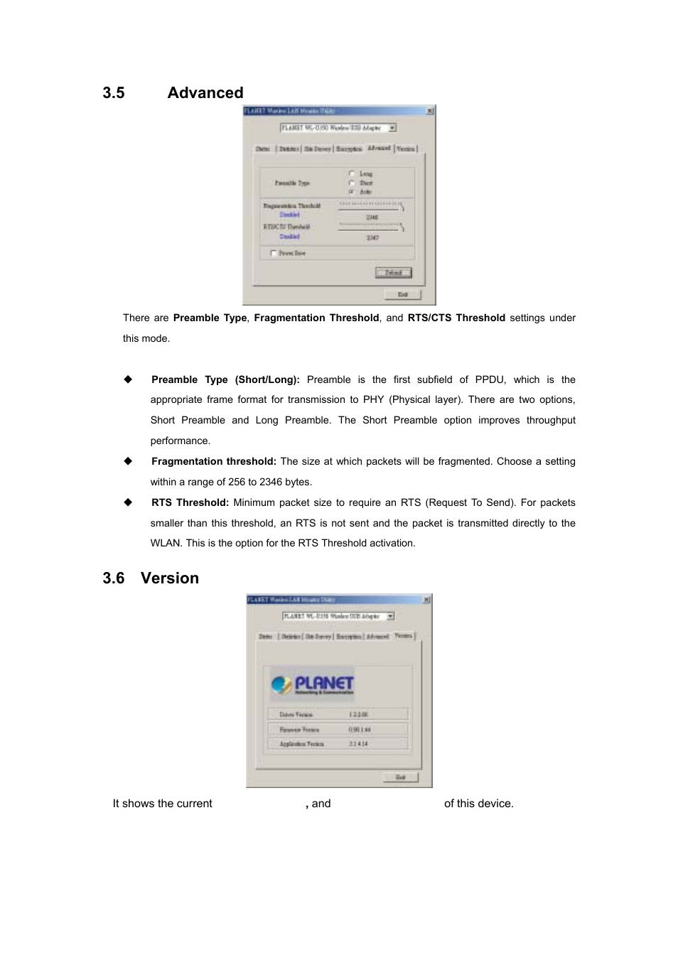 5 "advanced, 6 "version | Planet Technology Wireless USB Adapter WL-U350 User Manual | Page 18 / 20