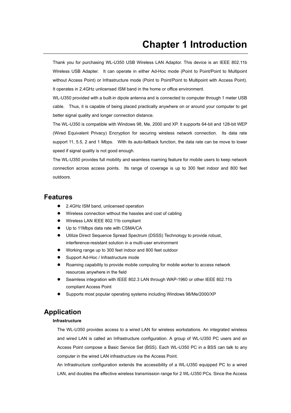 Chapter 1 introduction, Features, Application | Planet Technology Wireless USB Adapter WL-U350 User Manual | Page 5 / 20