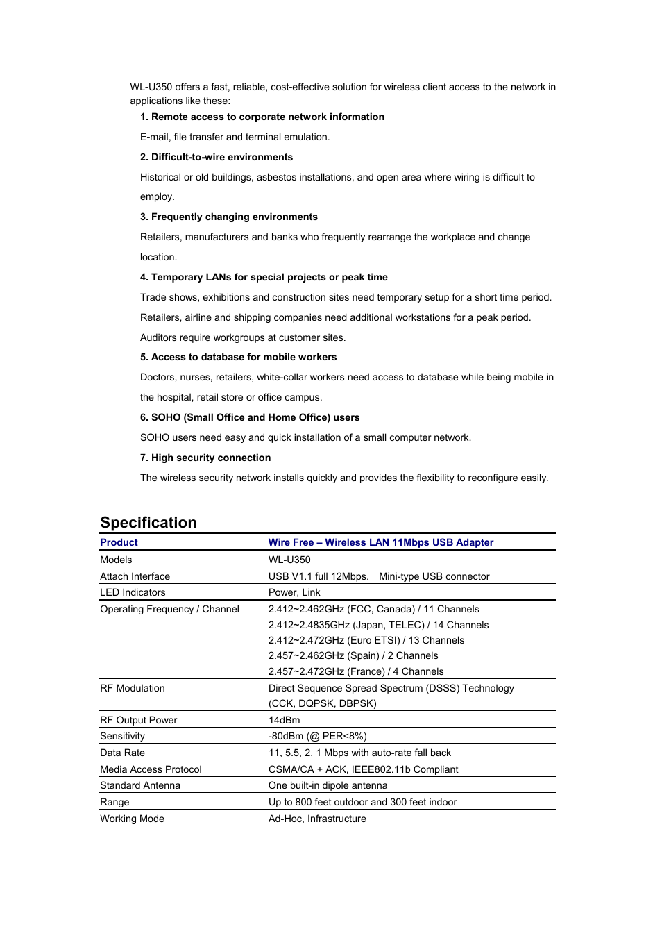 Specification | Planet Technology Wireless USB Adapter WL-U350 User Manual | Page 7 / 20