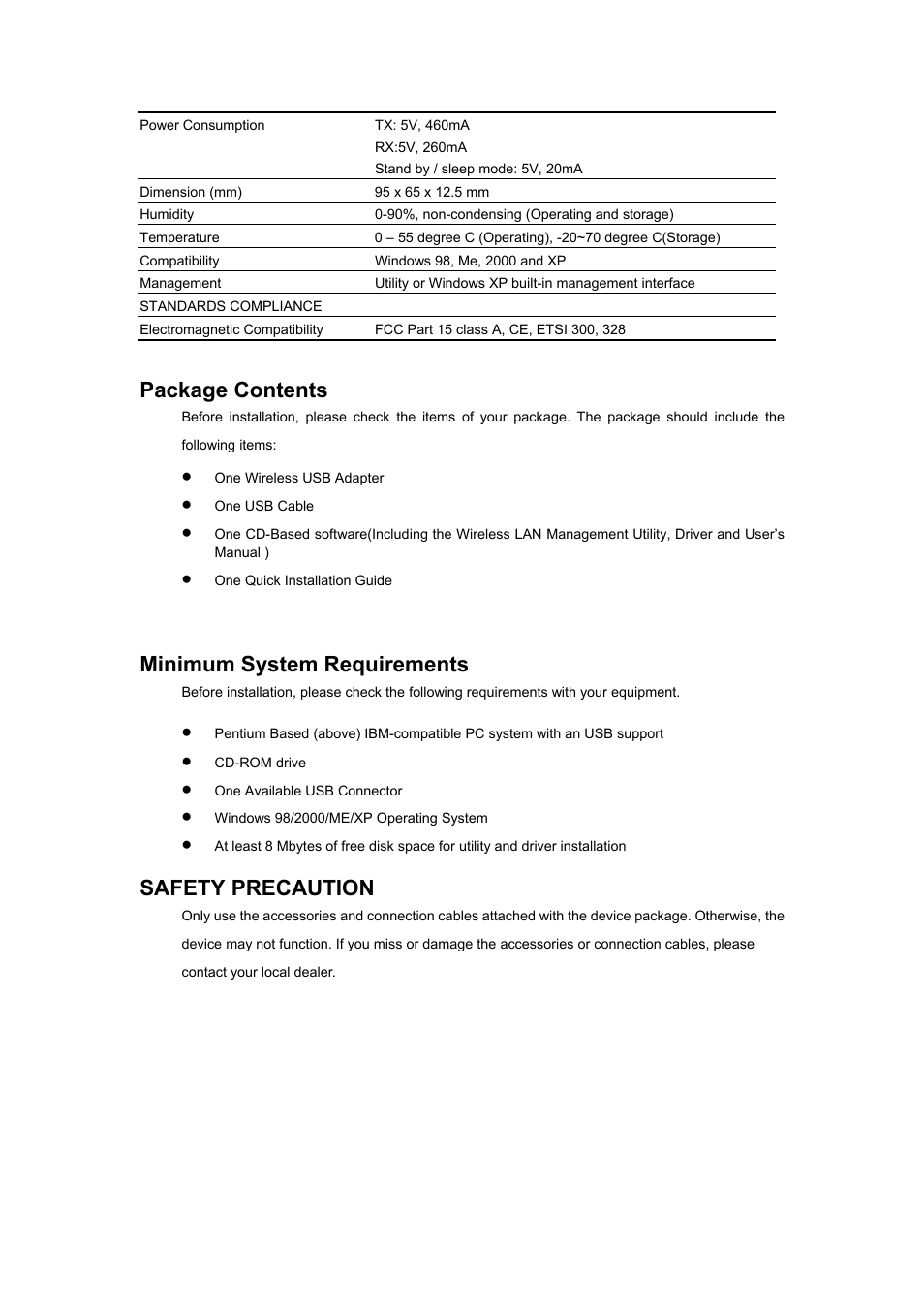 Package contents, Minimum system requirements, Safety precaution | Planet Technology Wireless USB Adapter WL-U350 User Manual | Page 8 / 20