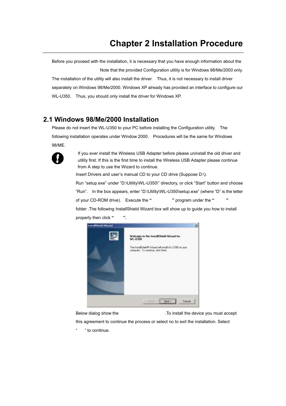Chapter 2 installation procedure, 1 windows 98/me/2000 installation | Planet Technology Wireless USB Adapter WL-U350 User Manual | Page 9 / 20