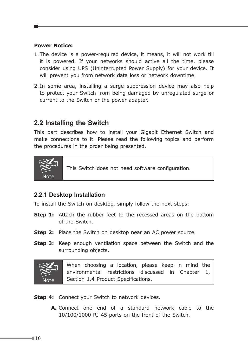 2 installing the switch, 1 desktop installation | Planet Technology GSD-800 User Manual | Page 11 / 18