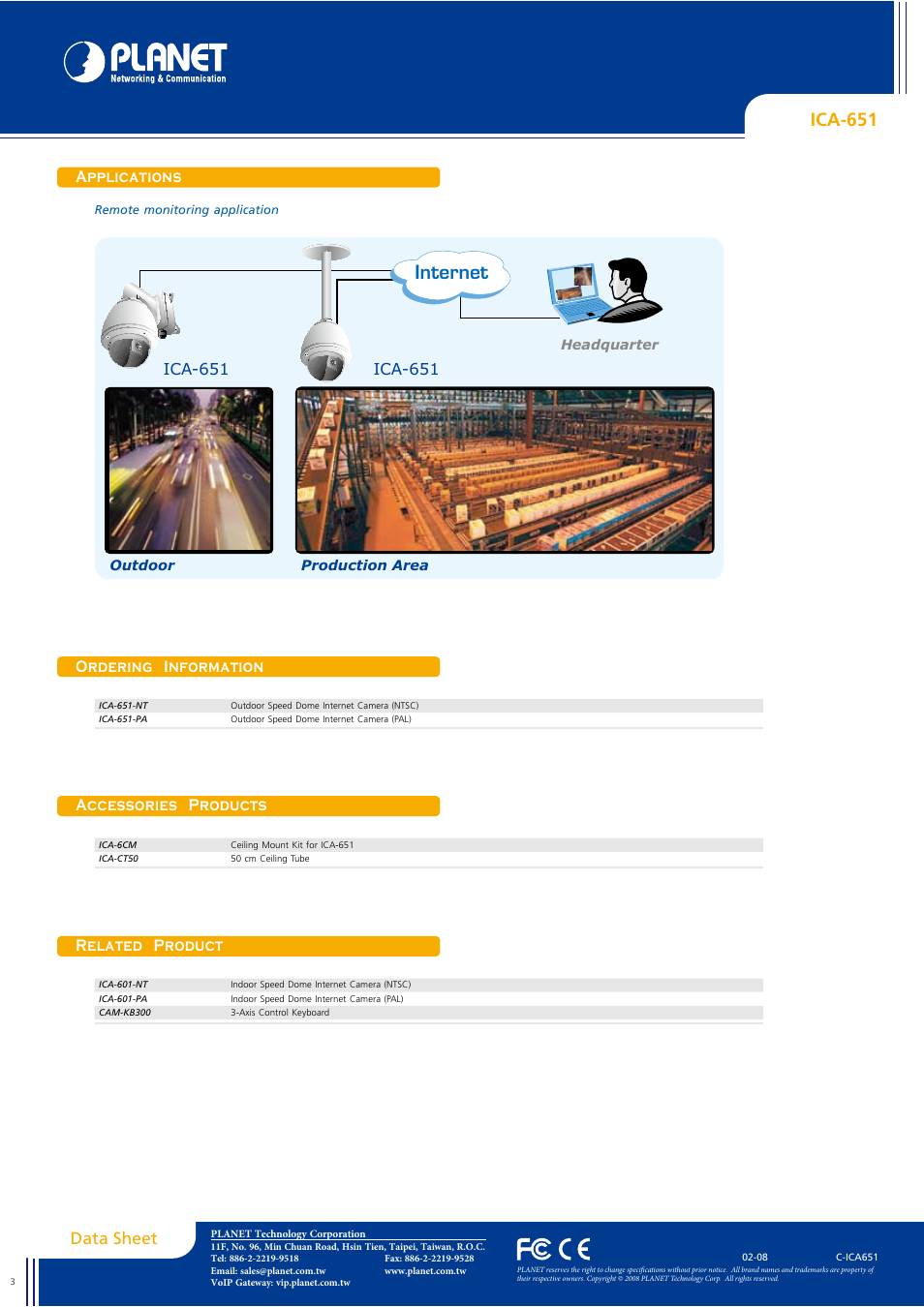 Internet, Ica-651, Data sheet | Ordering information, Accessories products related product, Applications | Planet Technology ICA-651 User Manual | Page 3 / 3