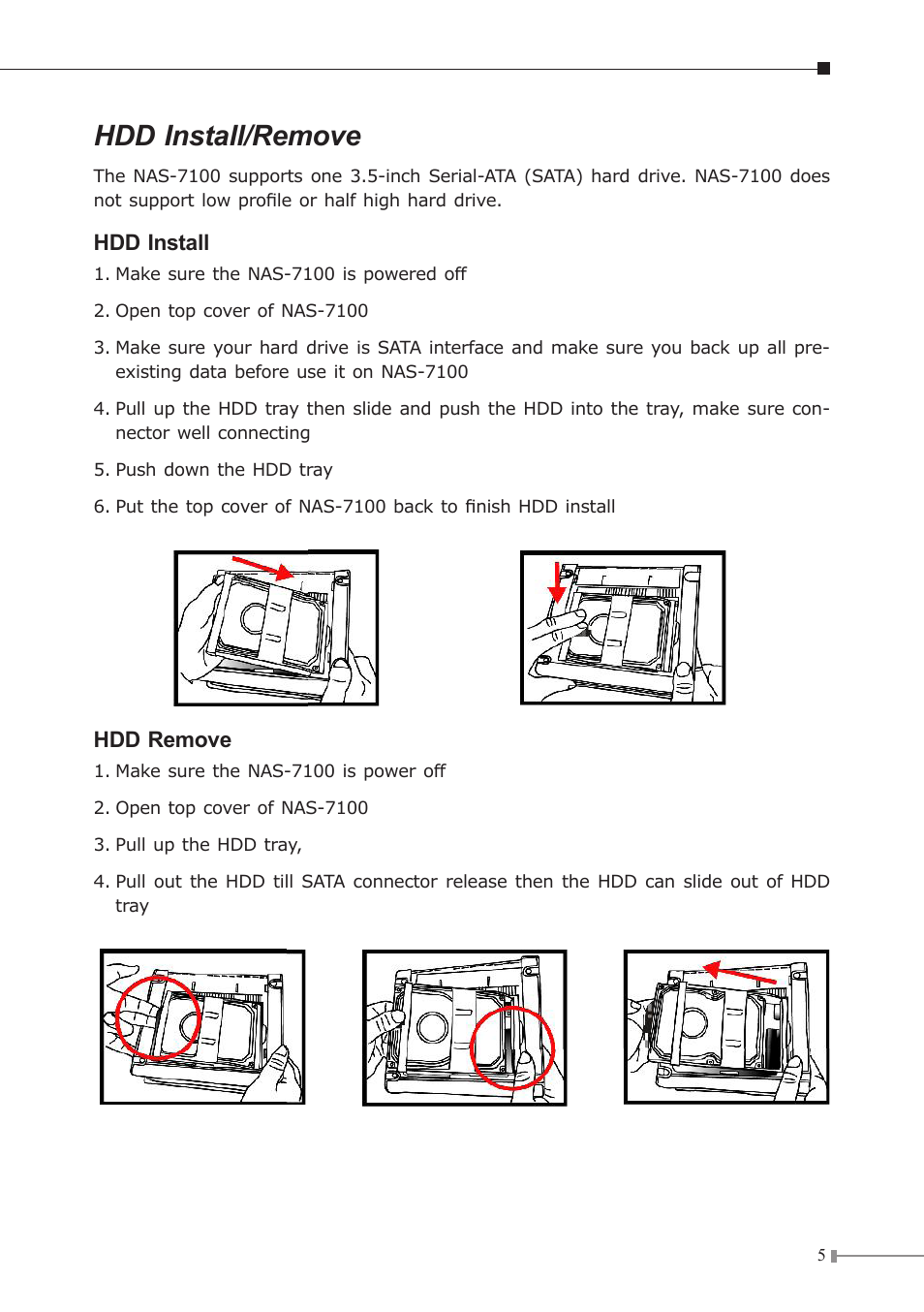 Hdd install/remove | Planet Technology 1-Bay SATA NAS Server NAS-7100 User Manual | Page 5 / 12