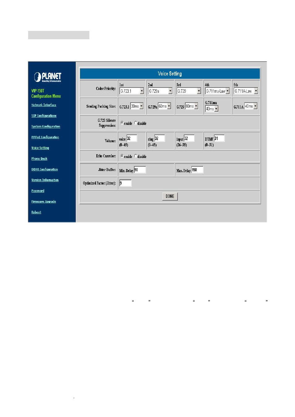 Voice setting | Planet Technology VIP-150T User Manual | Page 26 / 49