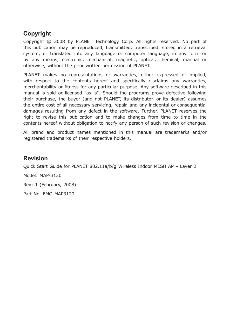 Copyright, Revision | Planet Technology MAP-3120 User Manual | Page 2 / 12