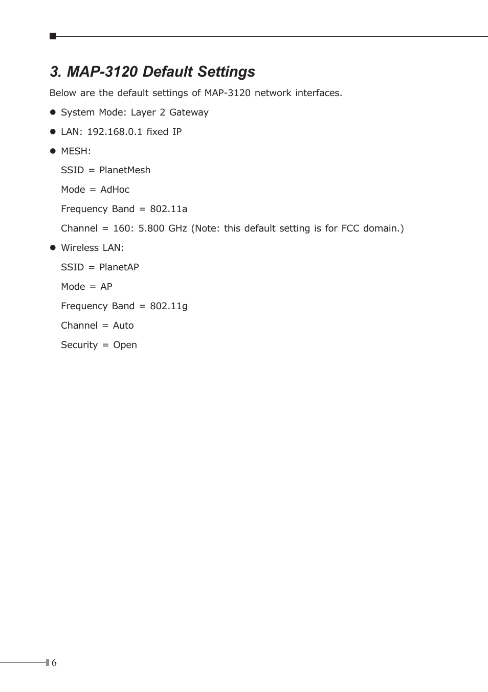 Map-3120 default settings | Planet Technology MAP-3120 User Manual | Page 6 / 12