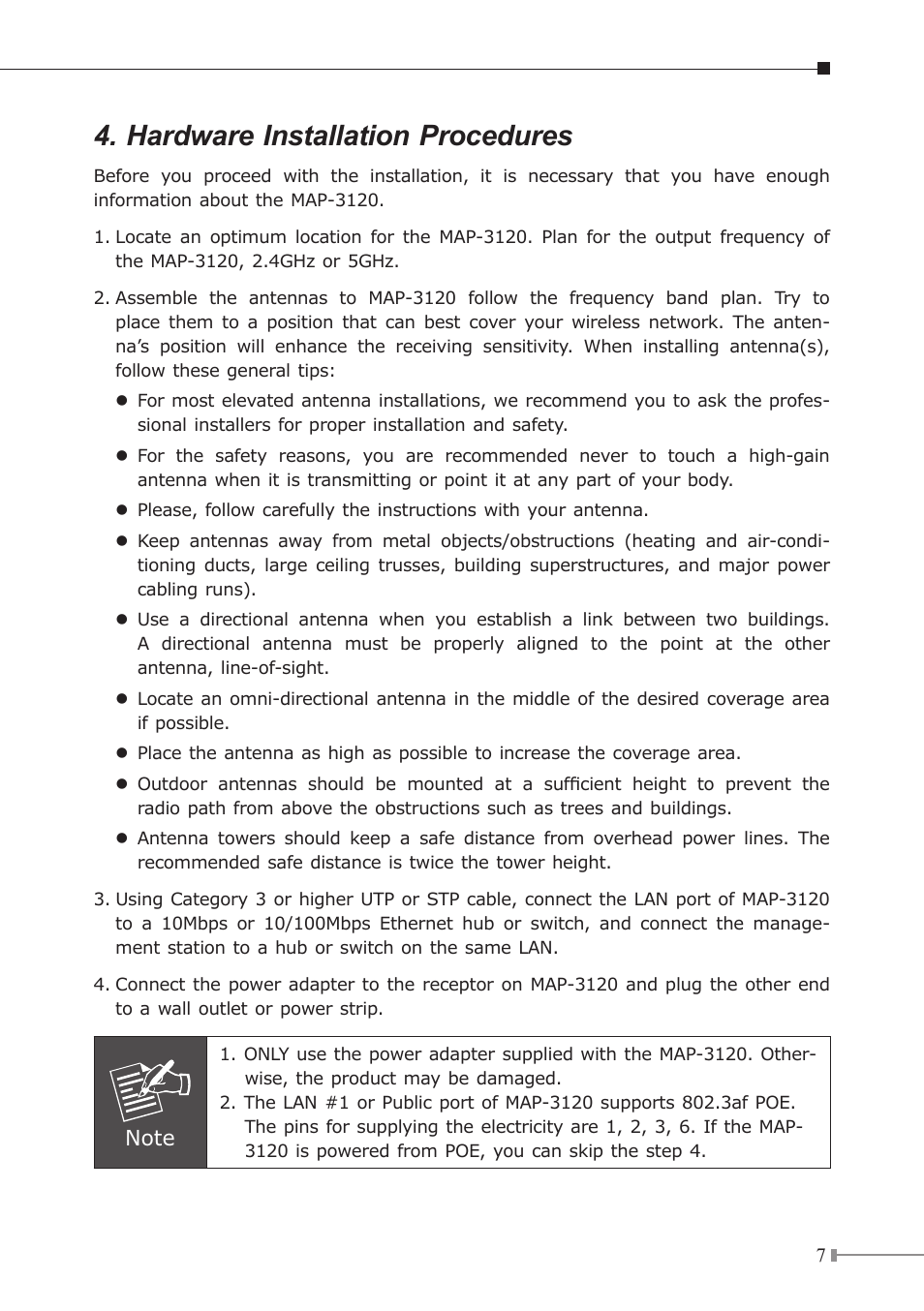 Hardware installation procedures | Planet Technology MAP-3120 User Manual | Page 7 / 12