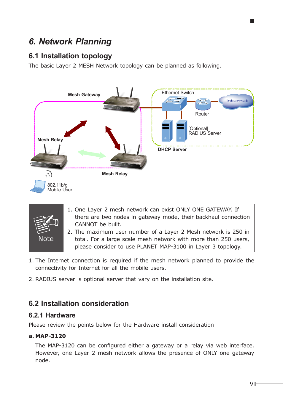 Network planning, 1 installation topology, 2 installation consideration | 1 hardware | Planet Technology MAP-3120 User Manual | Page 9 / 12