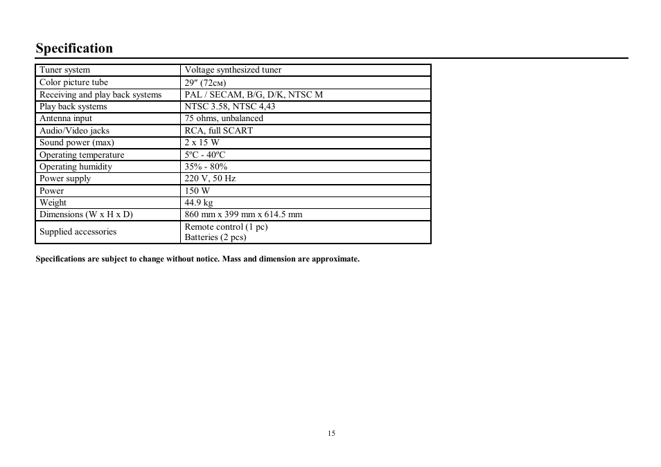 Specification | Hyundai H-TV2910SPF User Manual | Page 15 / 29