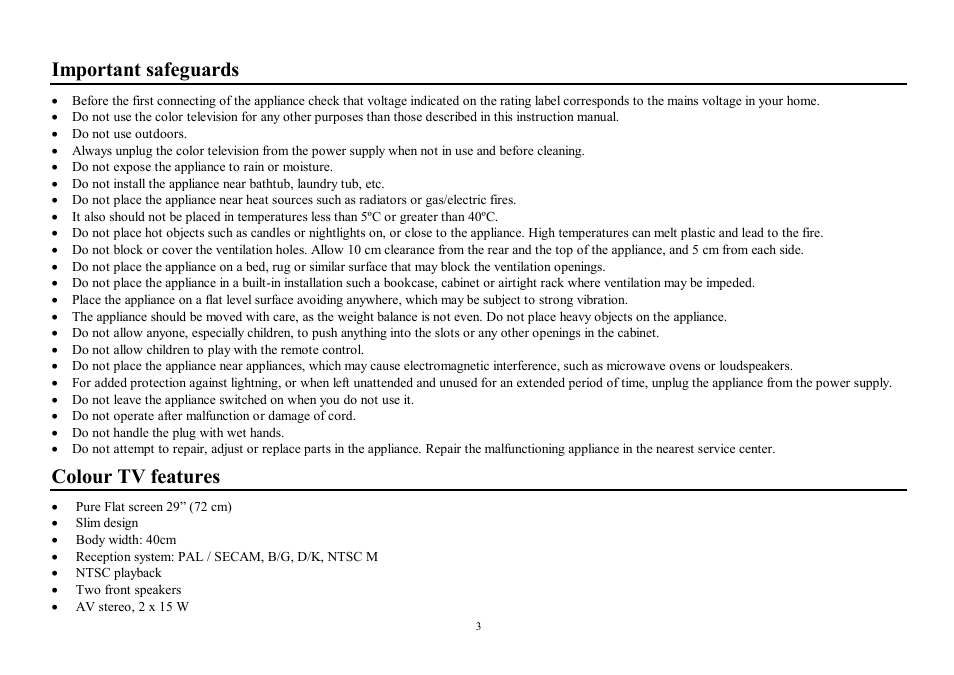 Important safeguards, Colour tv features | Hyundai H-TV2910SPF User Manual | Page 3 / 29