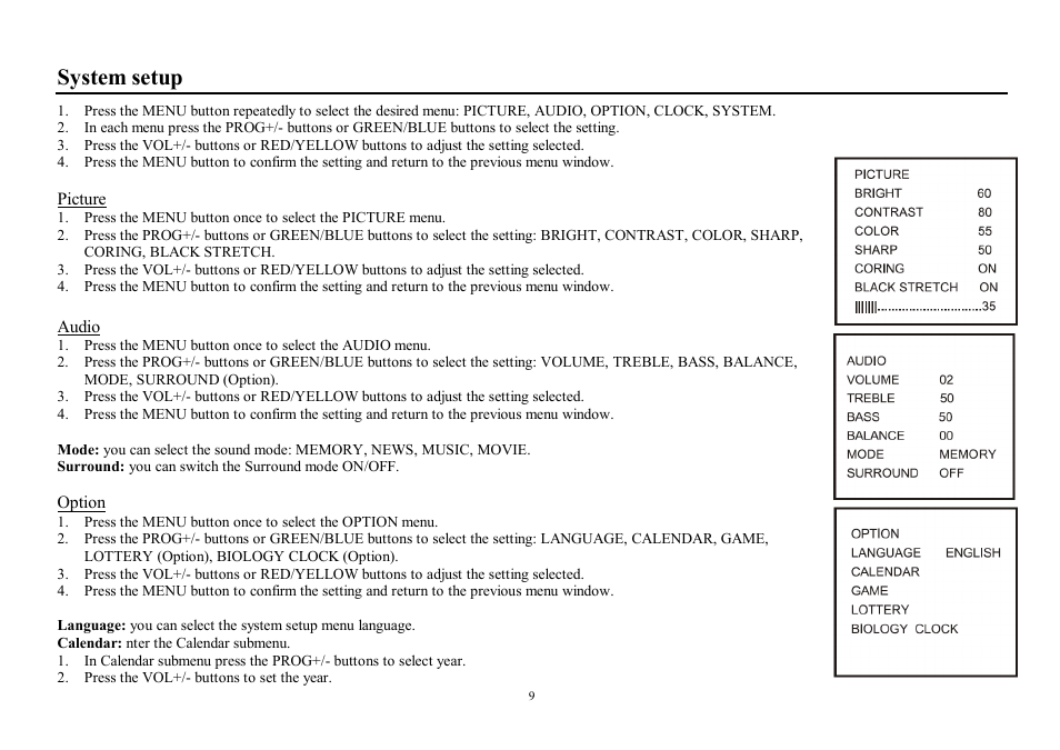 System setup | Hyundai H-TV2910SPF User Manual | Page 9 / 29