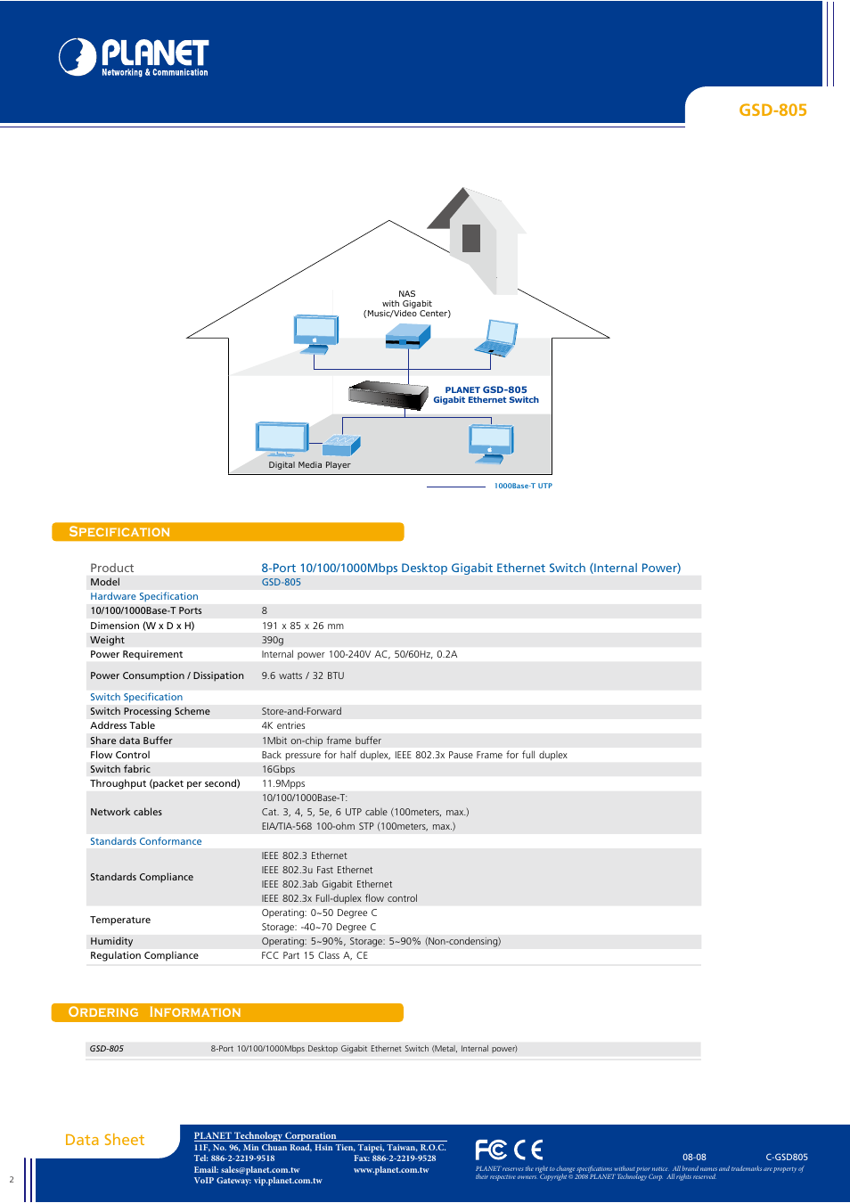 Gsd-805, Data sheet, Specification ordering information | Planet Technology GSD-805 User Manual | Page 2 / 2