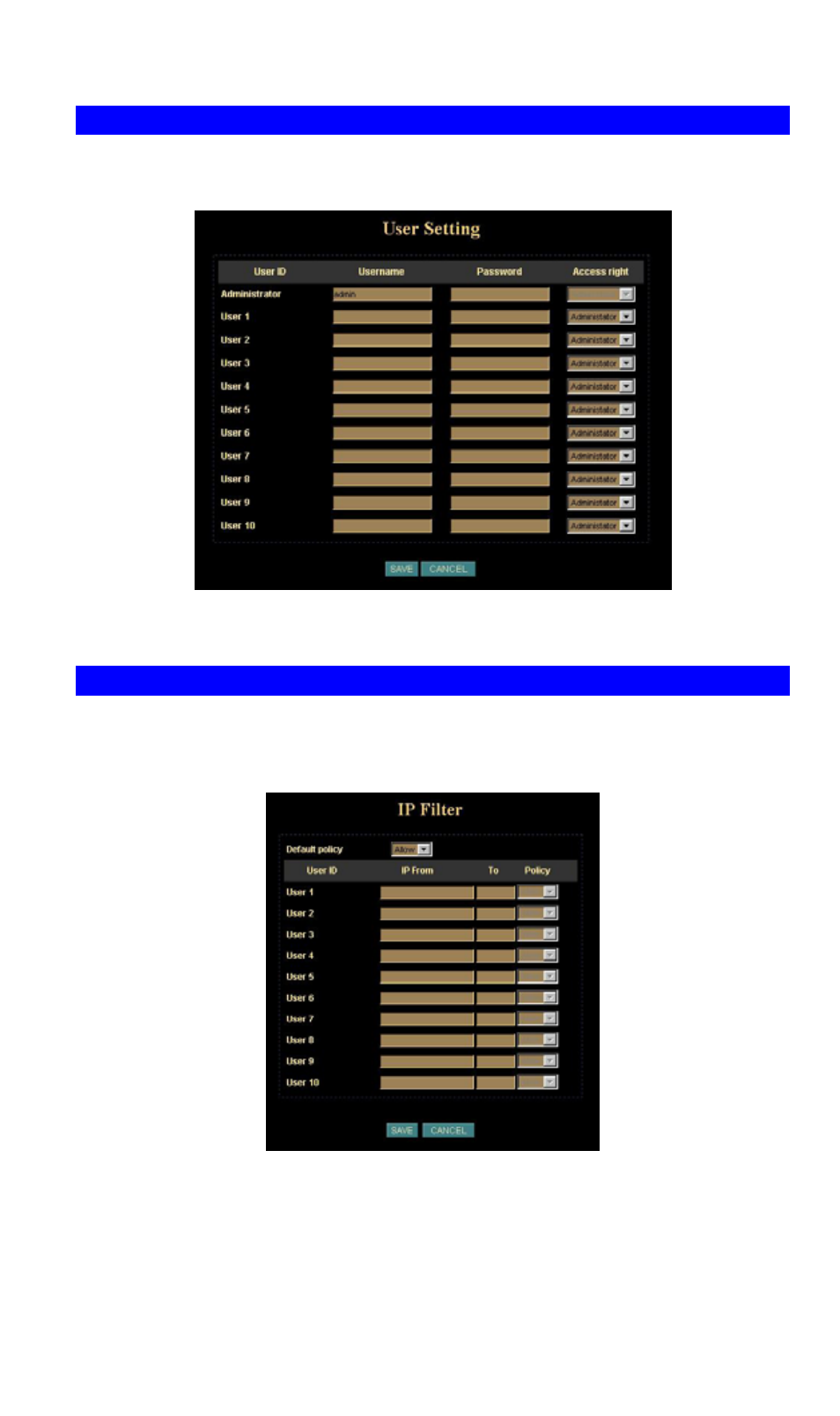 User screen, Ip filter screen | Planet Technology ICA-650 User Manual | Page 34 / 78