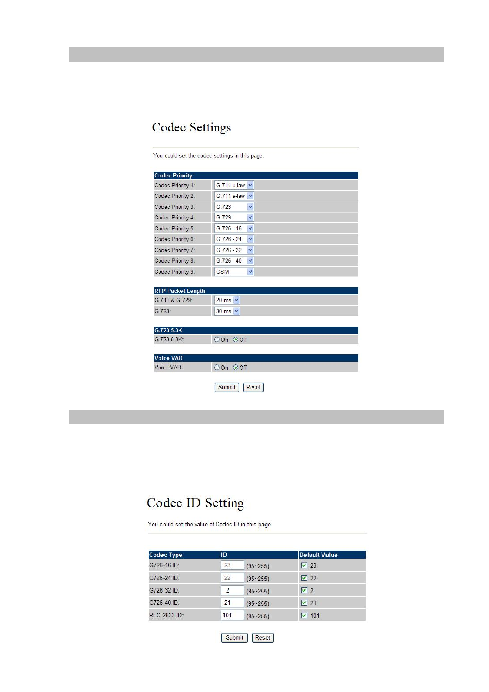 Codec settings, Codec id setting | Planet Technology VIP-321 User Manual | Page 30 / 63