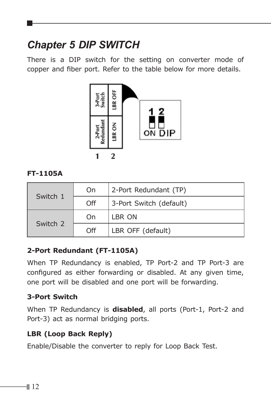 Chapter 5 dip switch | Planet Technology FT-1205A User Manual | Page 12 / 24