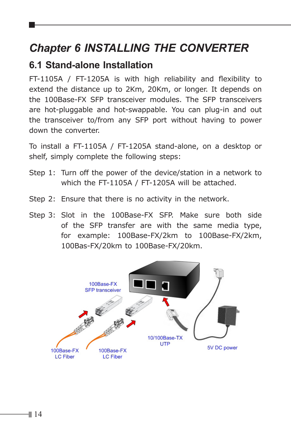 Chapter 6 installing the converter, 1 stand-alone installation | Planet Technology FT-1205A User Manual | Page 14 / 24