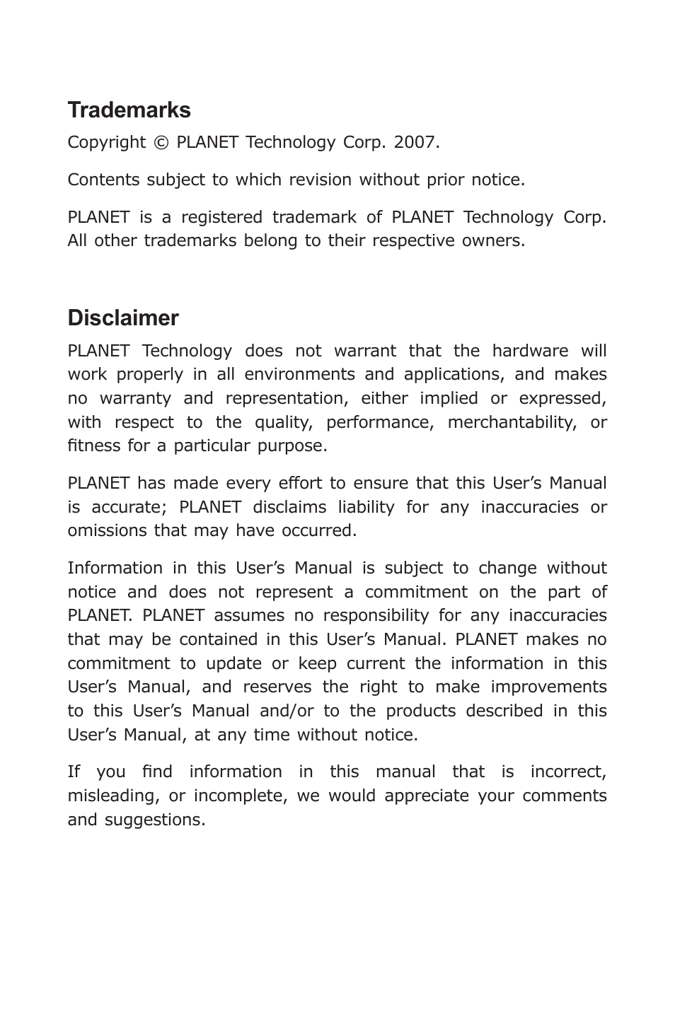Trademarks, Disclaimer | Planet Technology FT-1205A User Manual | Page 2 / 24
