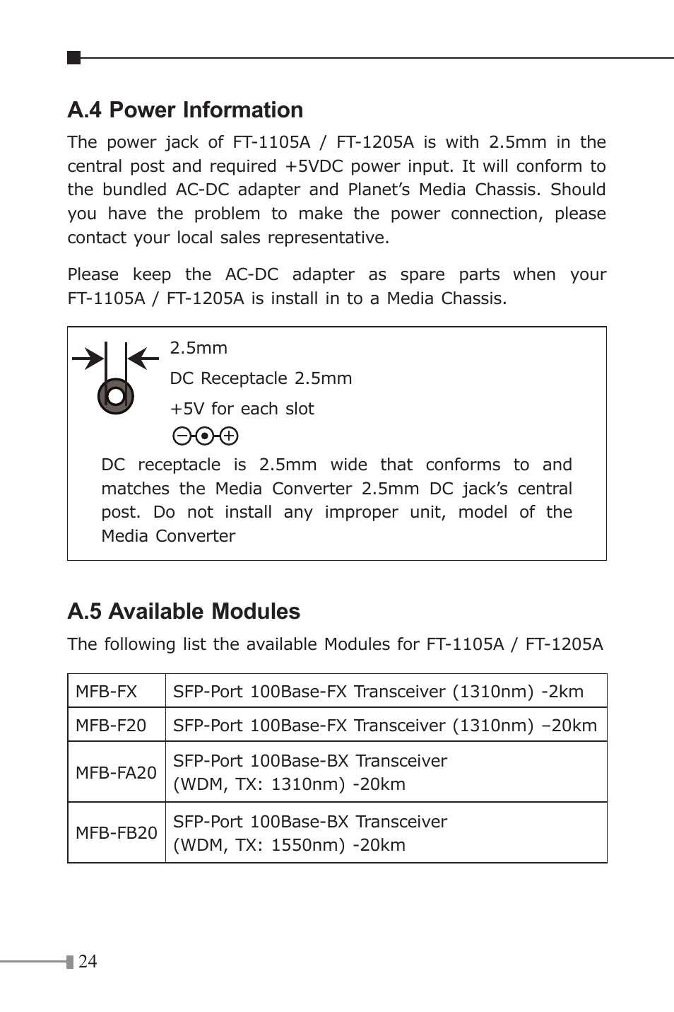 A.4 power information, A.5 available modules | Planet Technology FT-1205A User Manual | Page 24 / 24