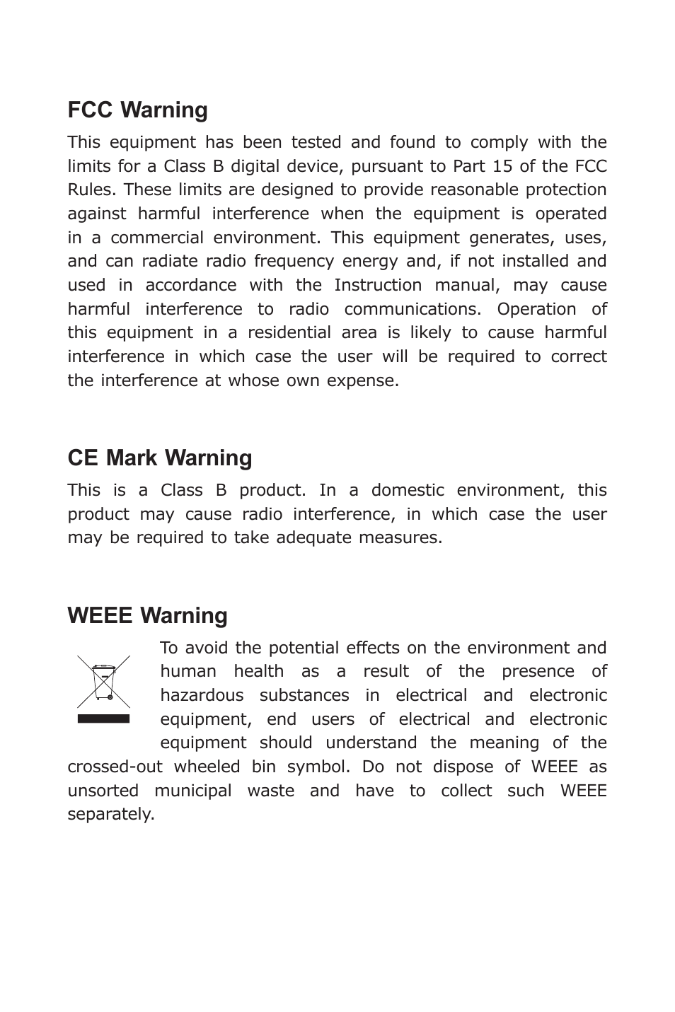Fcc warning, Ce mark warning, Weee warning | Planet Technology FT-1205A User Manual | Page 3 / 24