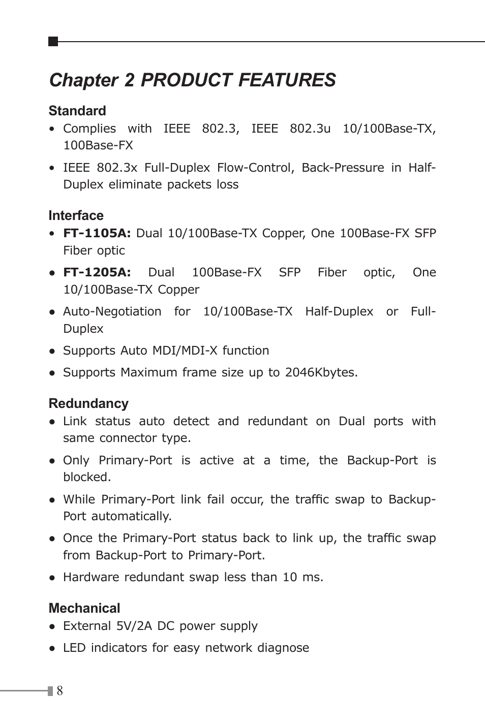 Chapter 2 product features | Planet Technology FT-1205A User Manual | Page 8 / 24