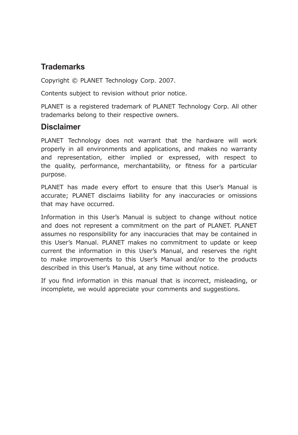 Trademarks, Disclaimer | Planet Technology FGSW-2620 User Manual | Page 3 / 22