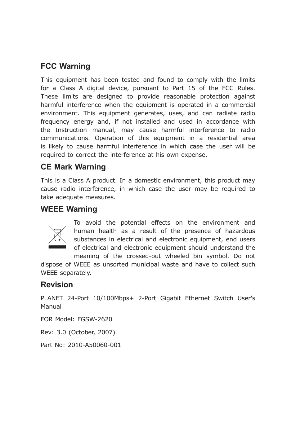 Fcc warning, Ce mark warning, Weee warning | Revision | Planet Technology FGSW-2620 User Manual | Page 4 / 22