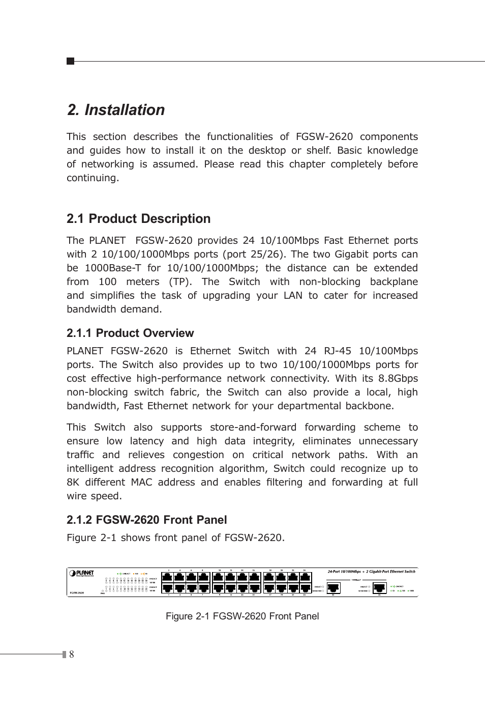 Installation, 1 product description | Planet Technology FGSW-2620 User Manual | Page 9 / 22