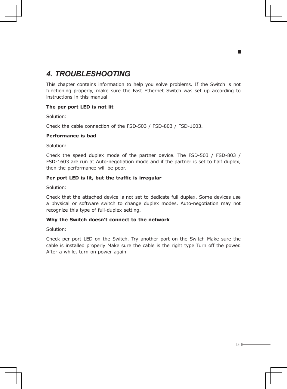 Troubleshooting | Planet Technology FSD-1603 User Manual | Page 15 / 20