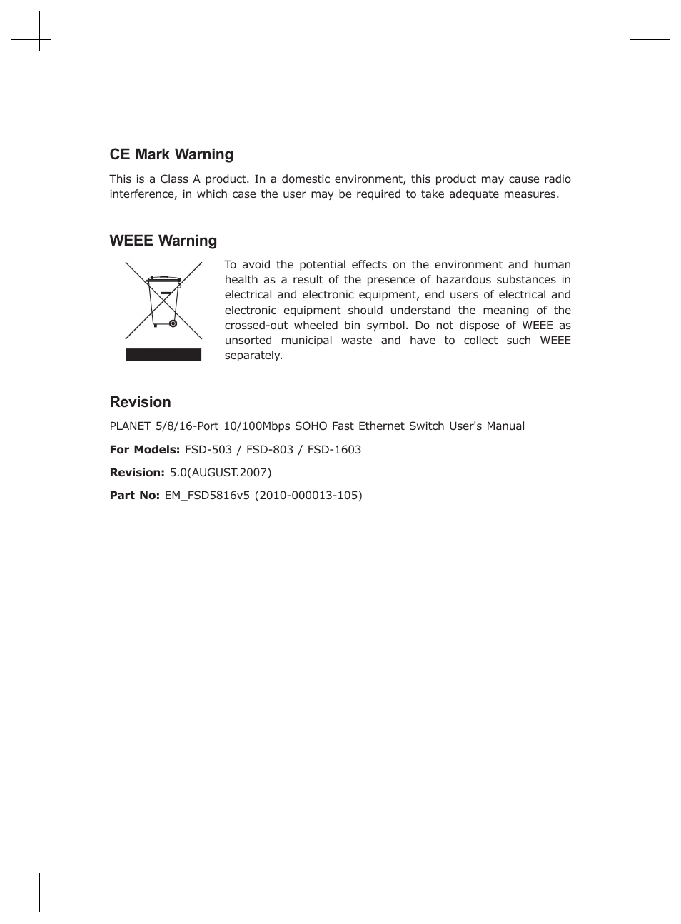 Ce mark warning, Weee warning, Revision | Planet Technology FSD-1603 User Manual | Page 3 / 20