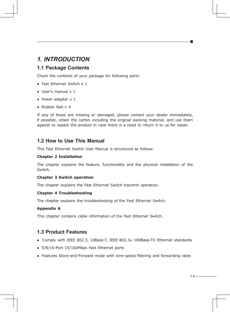 Introduction, 1 package contents, 2 how to use this manual | 3 product features | Planet Technology FSD-1603 User Manual | Page 5 / 20