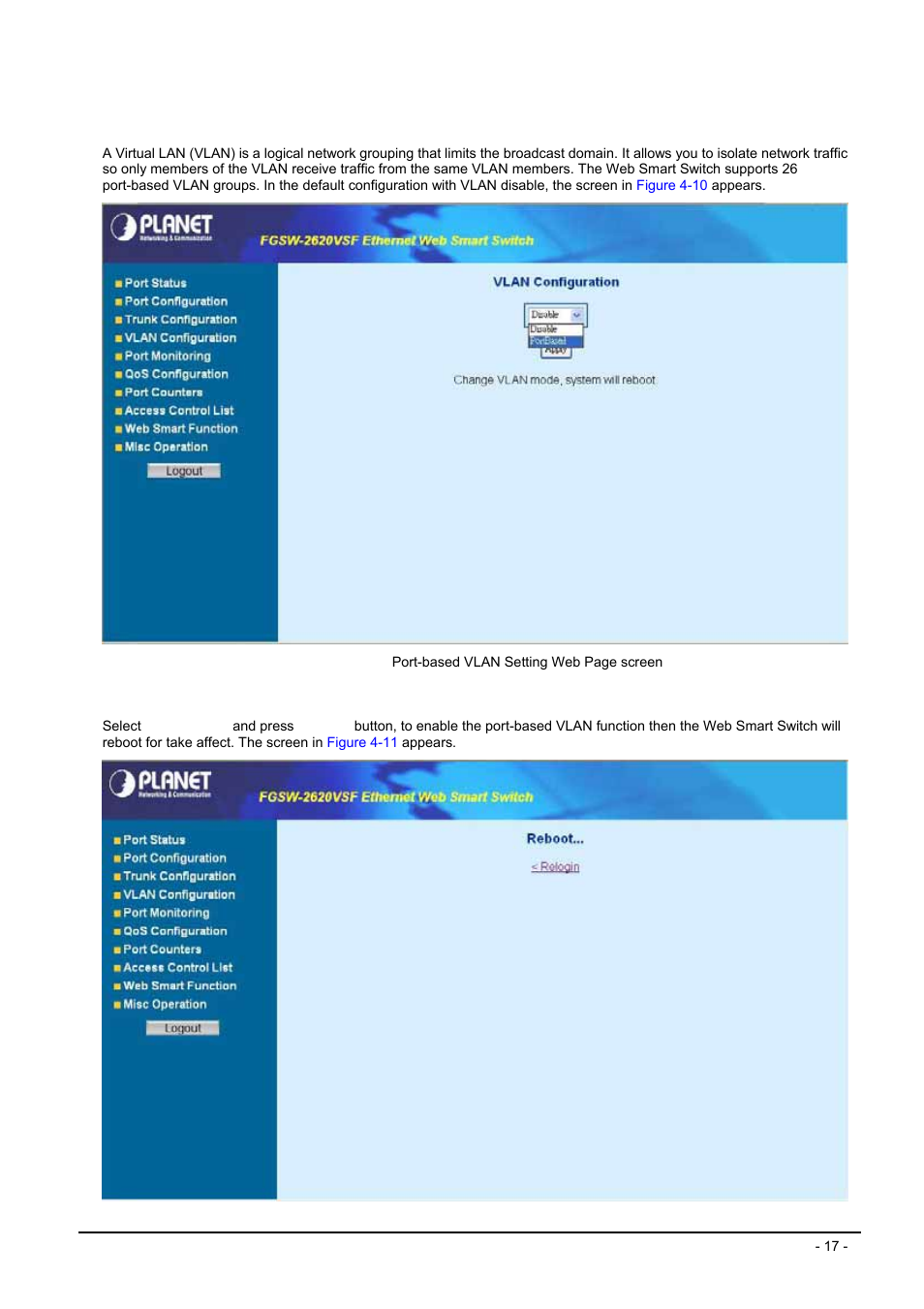5 vlan configuration, Vlan, Configuration | Planet Technology FGSW-2620VSF User Manual | Page 17 / 63