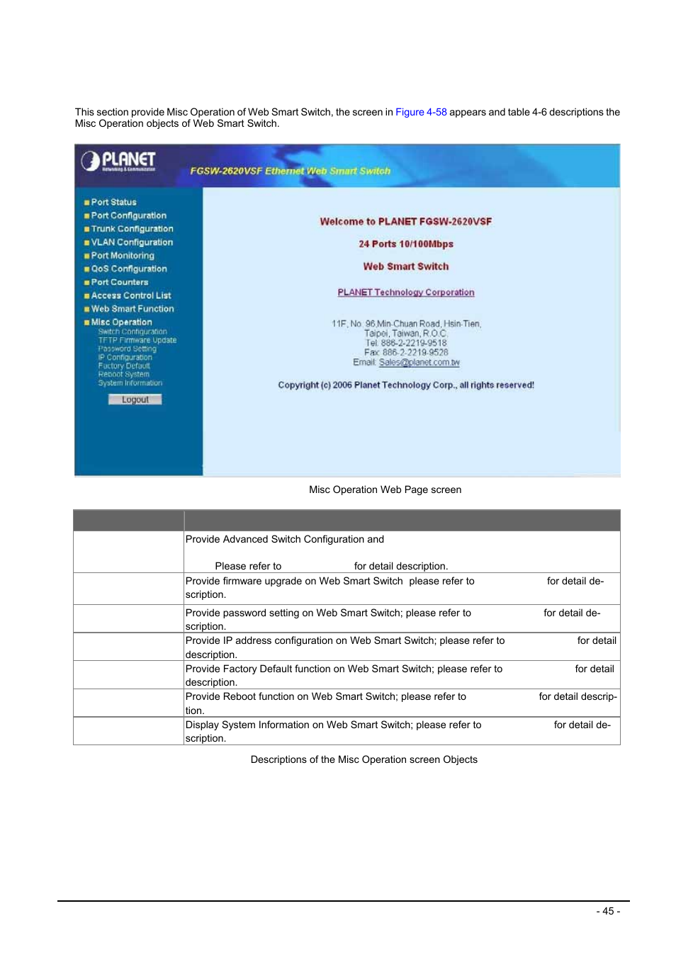 11 misc operation, Peration | Planet Technology FGSW-2620VSF User Manual | Page 45 / 63