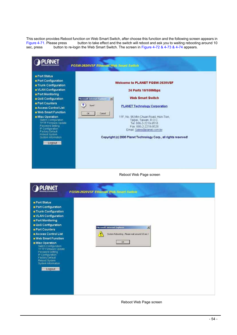 Reboot system | Planet Technology FGSW-2620VSF User Manual | Page 54 / 63