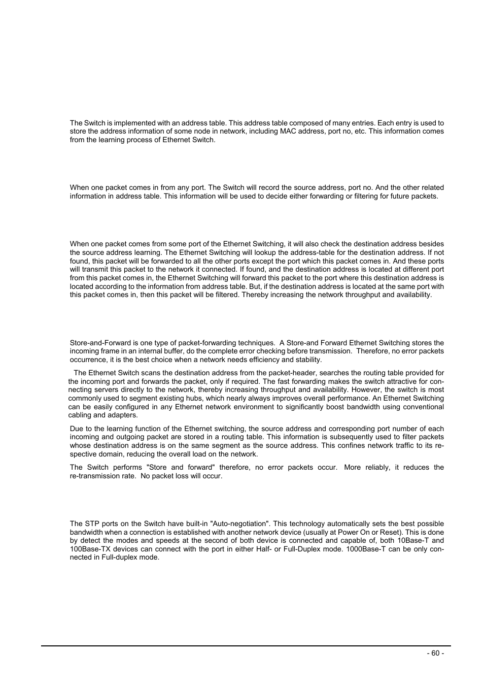 Switch operation, 1 address table, 2 learning | 3 forwarding & filtering, 4 store-and-forward, 5 auto-negotiation, Ddress, Able, Earning, Orwarding | Planet Technology FGSW-2620VSF User Manual | Page 60 / 63