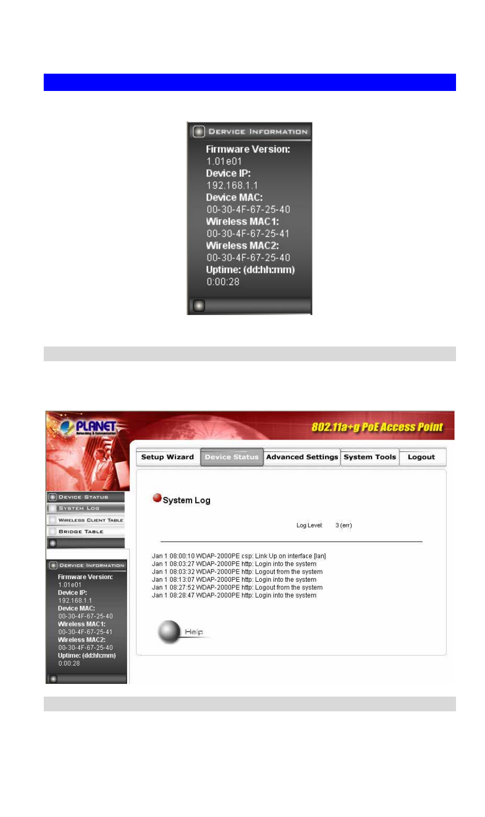 4 device status, 1 system log, 2 wireless client table | Planet Technology WDAP-2000PE User Manual | Page 16 / 53