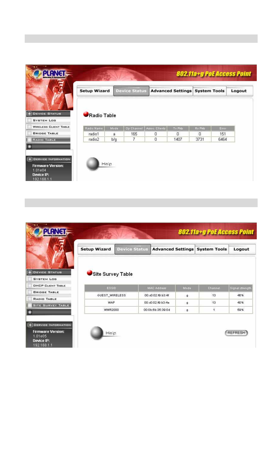4 radio table, 5 site survey table | Planet Technology WDAP-2000PE User Manual | Page 18 / 53